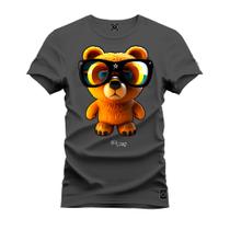 Camiseta Plus Size Casual 100% Algodão Estampada Urso Oculos