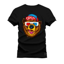 Camiseta Plus Size Casual Malha Confortável Estampada Urso Oculos