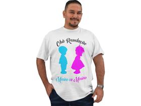 Camiseta Plus Size Chá de Bebê Revelação Menino ou Menina Papai Branca Camiseta Plus Size Chá de Bebê Revelação Menino ou Menina Papai Branca