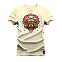 Camiseta Plus Size Estampada Algodão Street Premium Estampada Tigre Guerreiro