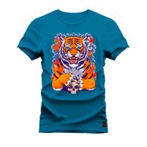 Camiseta Plus Size Estampada Premium Algodão Tigre Pensando