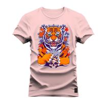 Camiseta Plus Size Estampada Premium Algodão Tigre Pensando