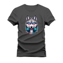 Camiseta Plus Size Gola Redonda Estampada Digital Lobo Az