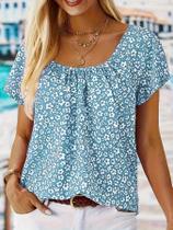 Camiseta Plus Size Plissada com Estampa Floral - Manga Curta para Primavera/Verão Camiseta Plus Size Plissada com Estampa Floral - Manga Curta para Primavera/Verão