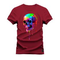 Camiseta Plus Size Premium 100% Algodão Estampada Shirt Unissex Caveira Aquarela