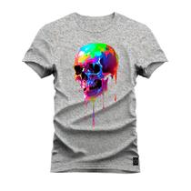 Camiseta Plus Size Premium 100% Algodão Estampada Shirt Unissex Caveira Aquarela
