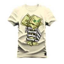 Camiseta Plus Size Premium 100% Algodão Estampada Shirt Unissex Mão Caveira Money