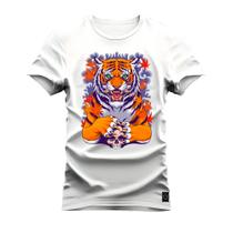 Camiseta Plus Size Premium Estampada Algodão Confortável Tigre Pensando