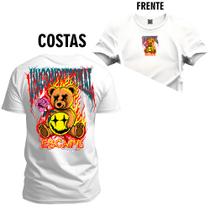 Camiseta Plus Size Premium Estampada Algodão Confortável Urso Fogão Fire Cabuloso Frente e Costas