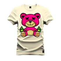 Camiseta Plus Size Premium Malha Confortável Estampada Urso Rosa X
