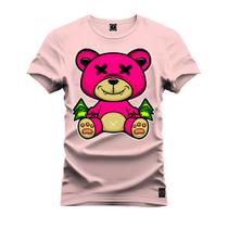 Camiseta Plus Size Premium Malha Confortável Estampada Urso Rosa X