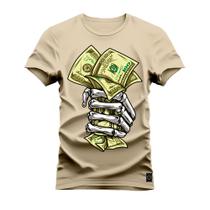 Camiseta Plus Size T-Shirt Algodão Premium Estampada Mão Caveira Money