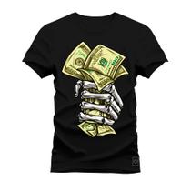 Camiseta Plus Size T-Shirt Algodão Premium Estampada Mão Caveira Money