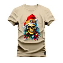 Camiseta Plus Size Unissex Algodão Estampada Premium Confortável Caveira Clima Natal