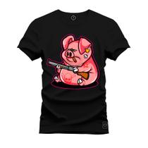 Camiseta Plus Size Unissex Algodão Macia Premium Estampada Porco Caçador