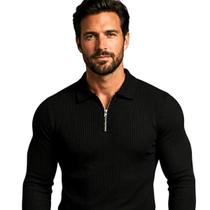 Camiseta Polo Italiana Masculina Canelada Manga Longa com Zíper Camiseta Polo Italiana Masculina Canelada Manga Longa com Zíper