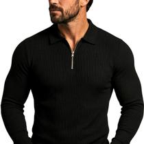 Camiseta Polo Manga Longa Masculina Slim Fit Canelada Com Zíper Premium Estilo Casual Moderno Camiseta Polo Manga Longa Masculina Slim Fit Canelada Com Zíper Premium Estilo Casual Moderno