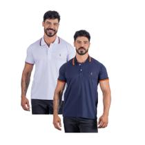 Camiseta Polo Masculina 100% Algodão Kit 2 Pç Branco e Azul