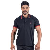 Camiseta Polo Masculina Adulto 100% Algodão Preto com Detalhes Vermelho