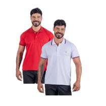Camiseta Polo Masculina Algodão Kit 2 Pç Vermelho e Branco