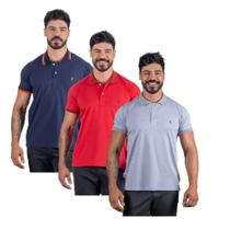 Camiseta Polo Masculina Algodão Kit 3 Pç Azul Vermelho Cinza