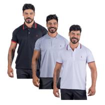 Camiseta Polo Masculina Algodão Kit 3 Pç Preto Cinza Branco