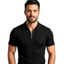Camiseta Polo Modelo Italiano Masculina Canelada Slim Fit Manga Curta com Zíper