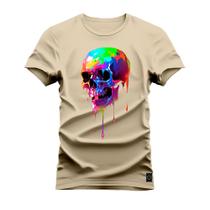 Camiseta Premium Estampada Algodão Confortável Caveira Aquarela