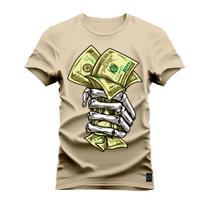 Camiseta Premium Estampada Algodão Confortável Mão Caveira Money