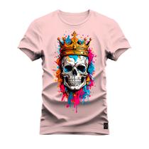 Camiseta Premium Malha Confortável Estampada Caveira Usando Coroa