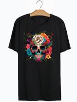 Camiseta Preta cavera Estampada unisex Caveira Mexicana Flores Coloridas Camiseta Preta cavera Estampada unisex Caveira Mexicana Flores Coloridas