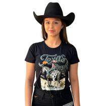 Camiseta Preta Feminina Estampada Miss Desert Moda Country Brilhos Baby Look Algodão Texas Ranch