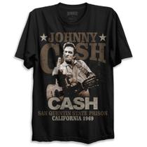 Camiseta Preta Johnny Cash Fuck You San Quentin 1969 Bomber Country Rock