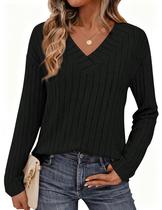 Camiseta PRETTYGARDEN de manga larga, cuello en V, tejido acanalado, color negro, talla M