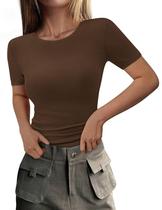 Camiseta PRETTYGARDEN Feminina Verão 2025 Tricô Canelado Café Camiseta PRETTYGARDEN Feminina Verão 2025 Tricô Canelado Café
