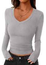 Camiseta PRETTYGARDEN Outono 2025 Decote V Profundo Slim Fit Cinza P