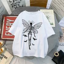 Camiseta Punk Shull Butterfly Tendência fairy skeleton Feminina Blusa Algodão