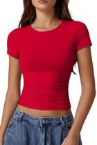 Camiseta QINSEN de gola redonda com forro duplo e manga curta para mulheres