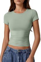 Camiseta QINSEN de manga curta e gola redonda para mulheres verde fumegante