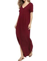 Camiseta que combina com decote em V, solta, maxi e bolso, vinho tinto