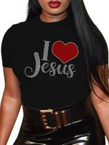Camiseta Qyz-Top I Love Jesus Rhinestone Bling para mulheres