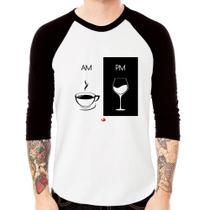 Camiseta Raglan AM Café PM Vinho Manga 3/4 - Foca na Moda