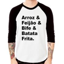 Camiseta Raglan Arroz & Feijão & Bife & Batata Frita Manga 3/4 - Foca na Moda Camiseta Raglan Arroz & Feijão & Bife & Batata Frita Manga 3/4 - Foca na Moda