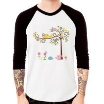 Camiseta Raglan Árvore Flores E Animais Manga 3/4 - Foca na Moda