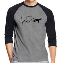 Camiseta Raglan Avião Batimentos Cardíacos Coração Manga 3/4 - Foca na Moda