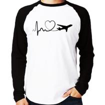 Camiseta Raglan Avião Batimentos Cardíacos Coração Manga Longa - Foca na Moda