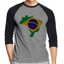 Camiseta Raglan Bandeira Brasil Mapa Manga 3/4 - Foca na Moda
