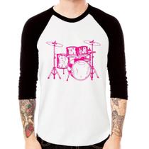 Camiseta Raglan Bateria Música (rosa) Manga 3/4 - Foca na Moda