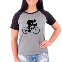 Camiseta Raglan Bicicleta Ciclismo Bike Cinza Preto Fem01