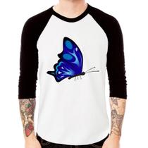 Camiseta Raglan Borboleta Azul Manga 3/4 - Foca na Moda